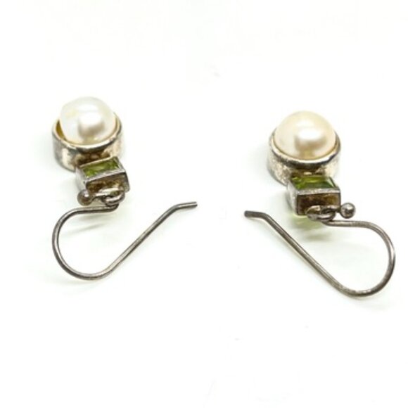 VINTAGE STERLING 925 PEARL GREEN STONES EARRINGS SIGNED NF THAILAND MODERNIST - Picture 10 of 12